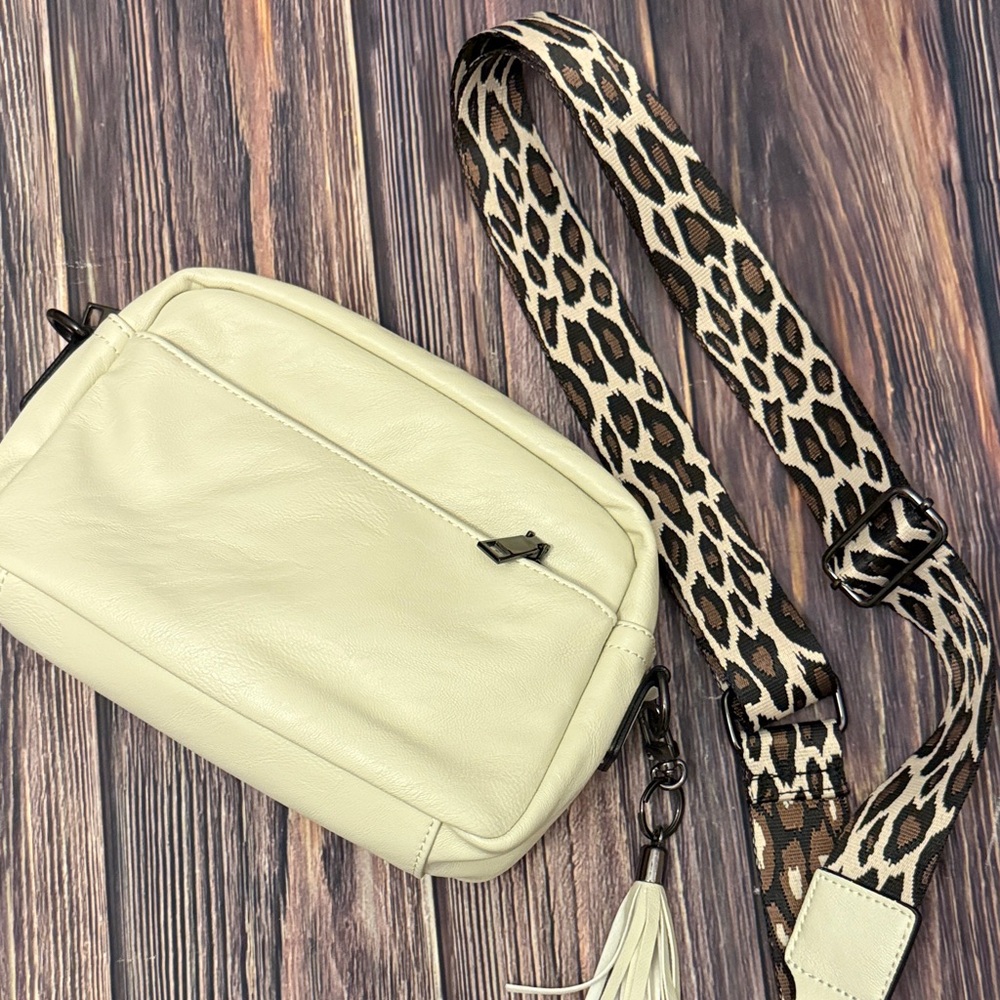Cream Crossbody Bag with Animal Print Strap